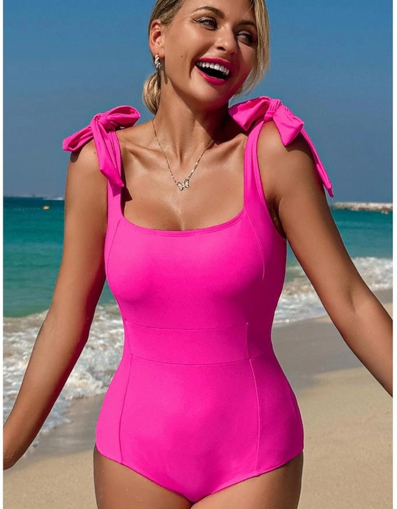 Rose Red Square Neck Knotted Shoulder Open Back One Piece Swimsuit