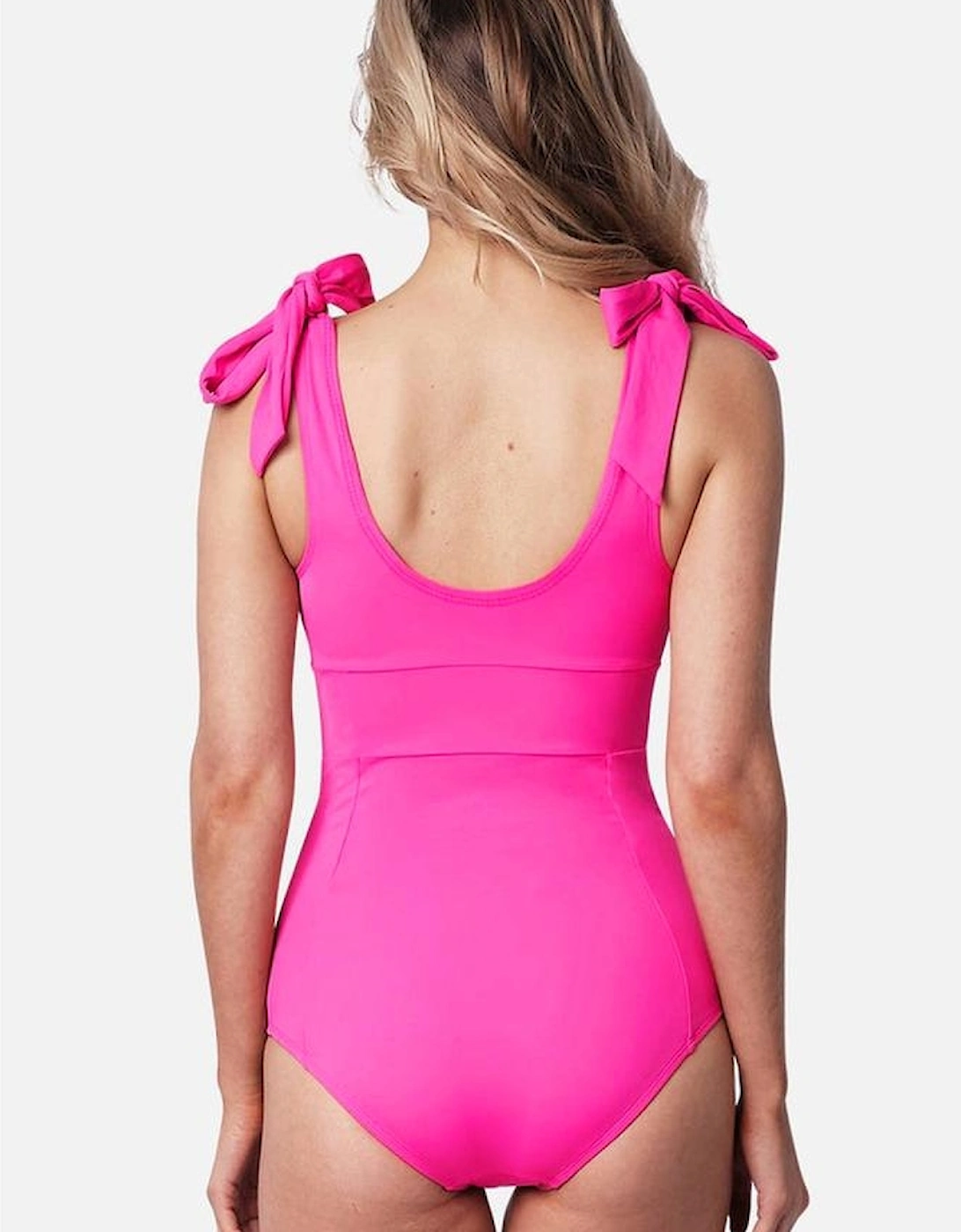 Rose Red Square Neck Knotted Shoulder Open Back One Piece Swimsuit