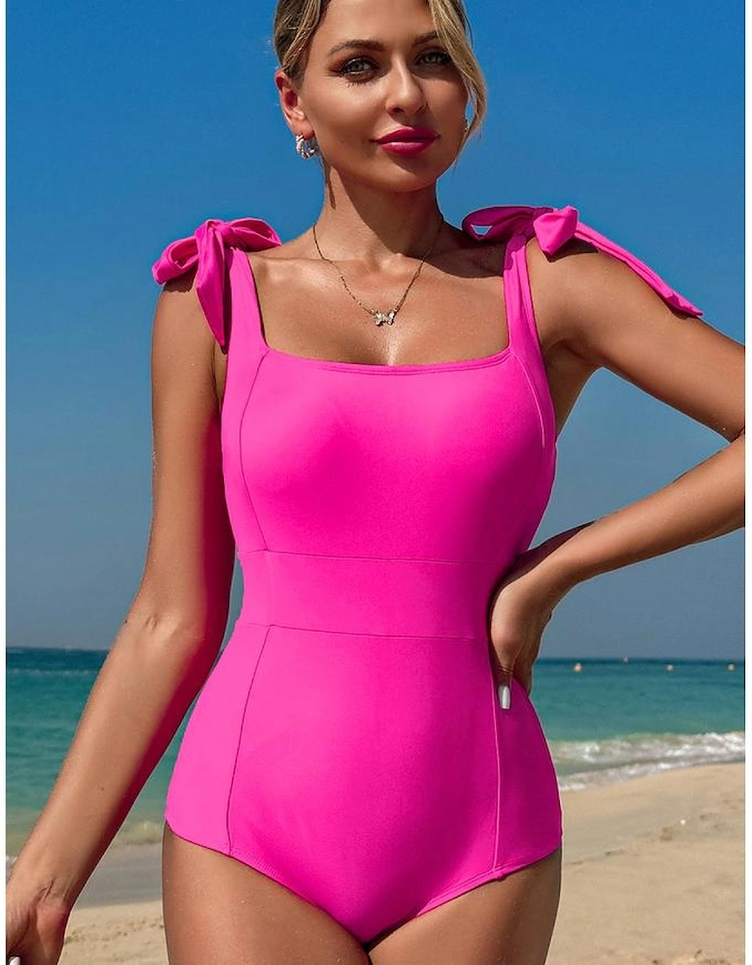 Rose Red Square Neck Knotted Shoulder Open Back One Piece Swimsuit