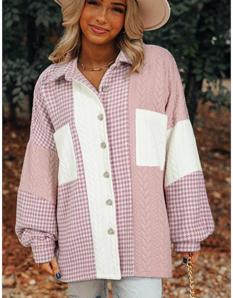 Pink Houndstooth Color Contrast Textured Patchwork Loose Shacket