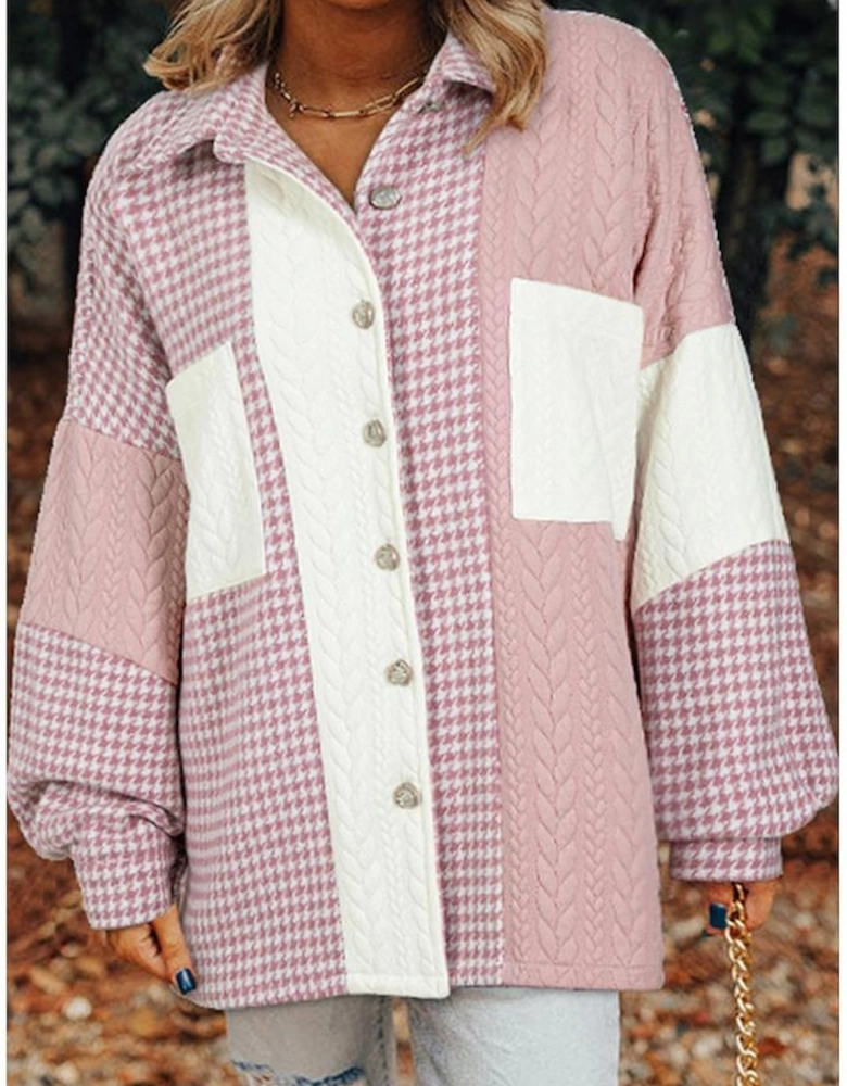 Pink Houndstooth Color Contrast Textured Patchwork Loose Shacket