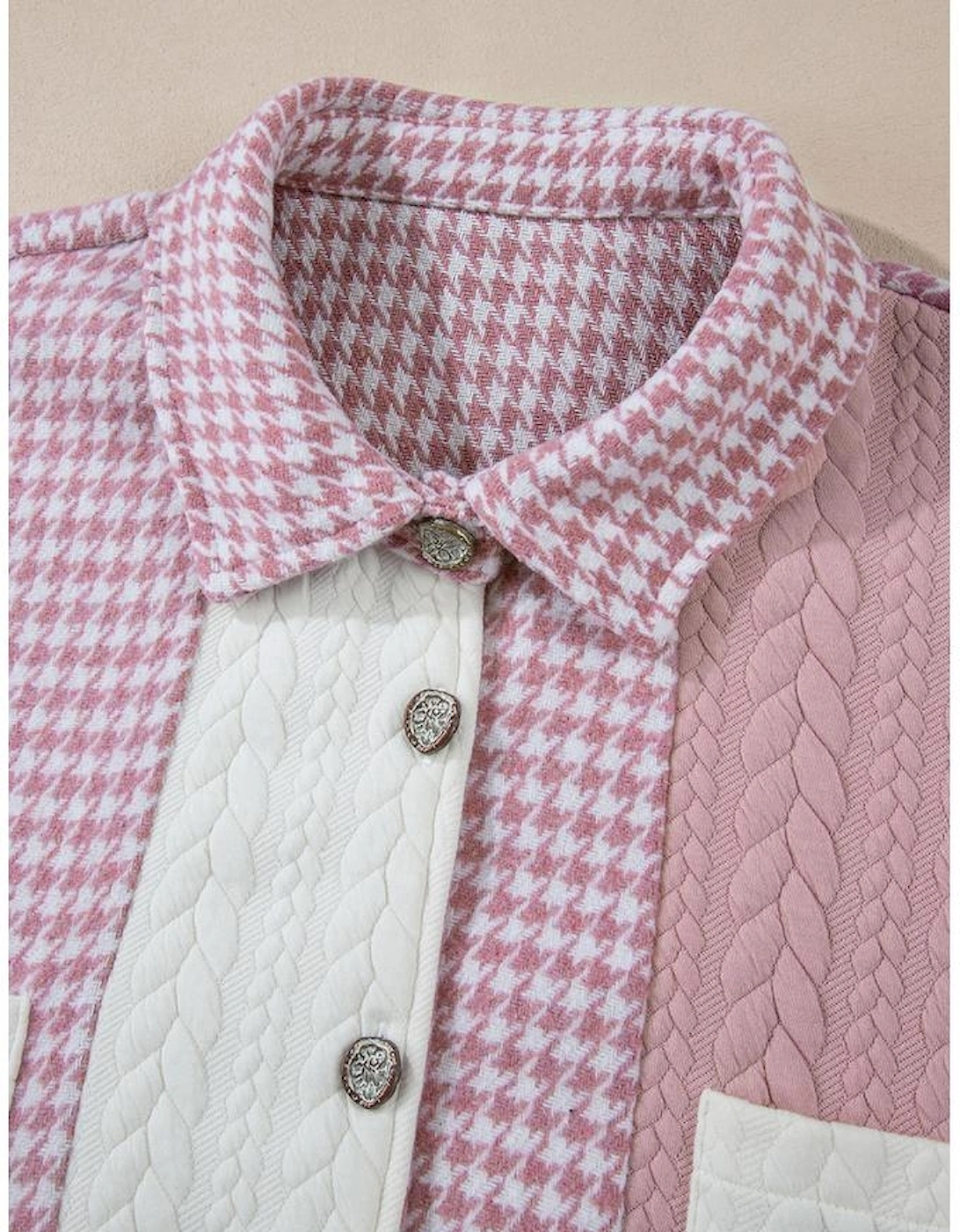 Pink Houndstooth Color Contrast Textured Patchwork Loose Shacket