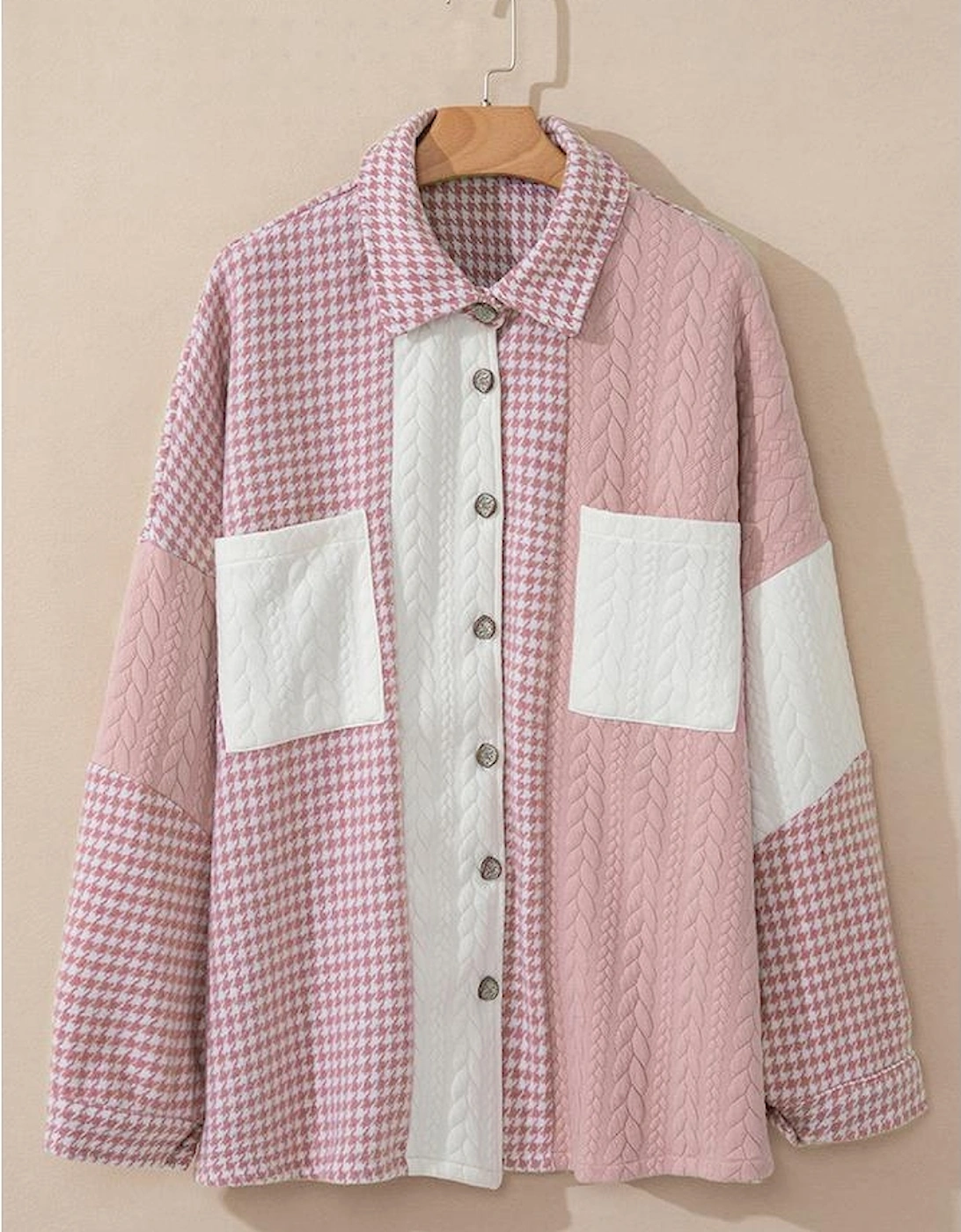Pink Houndstooth Color Contrast Textured Patchwork Loose Shacket