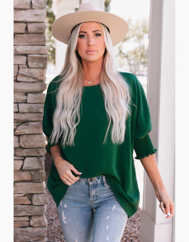 Green Smocked Wrist Shift Top