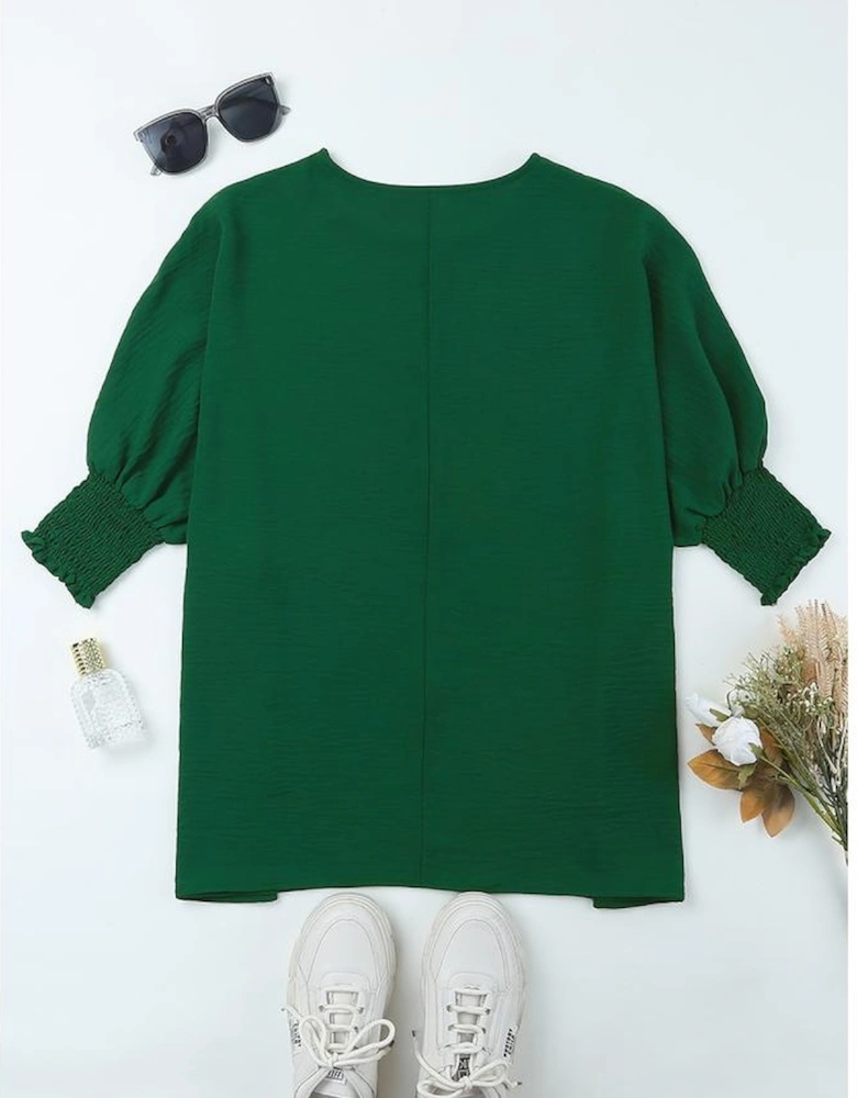Green Smocked Wrist Shift Top