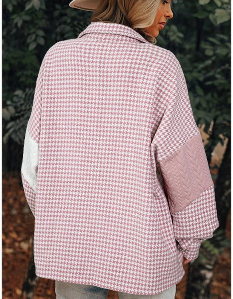 Pink Houndstooth Color Contrast Textured Patchwork Loose Shacket