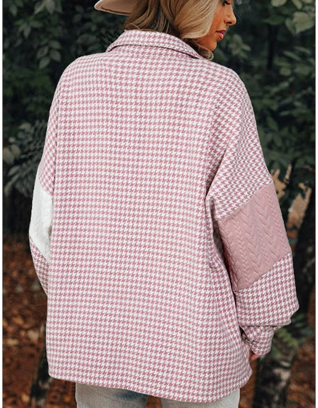 Pink Houndstooth Color Contrast Textured Patchwork Loose Shacket