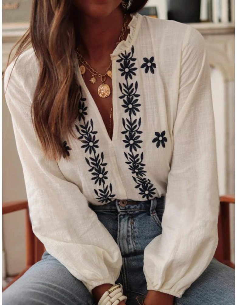 White Floral Embroidered Frilled V Neck Puff Sleeve Blouse