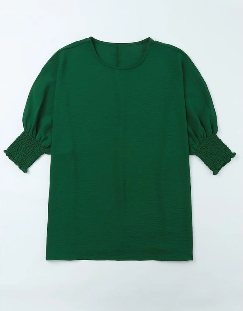 Green Smocked Wrist Shift Top