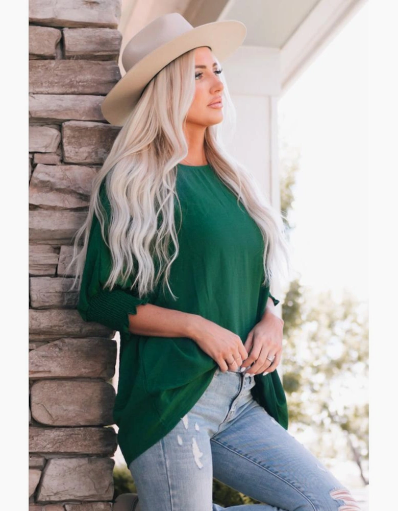 Green Smocked Wrist Shift Top