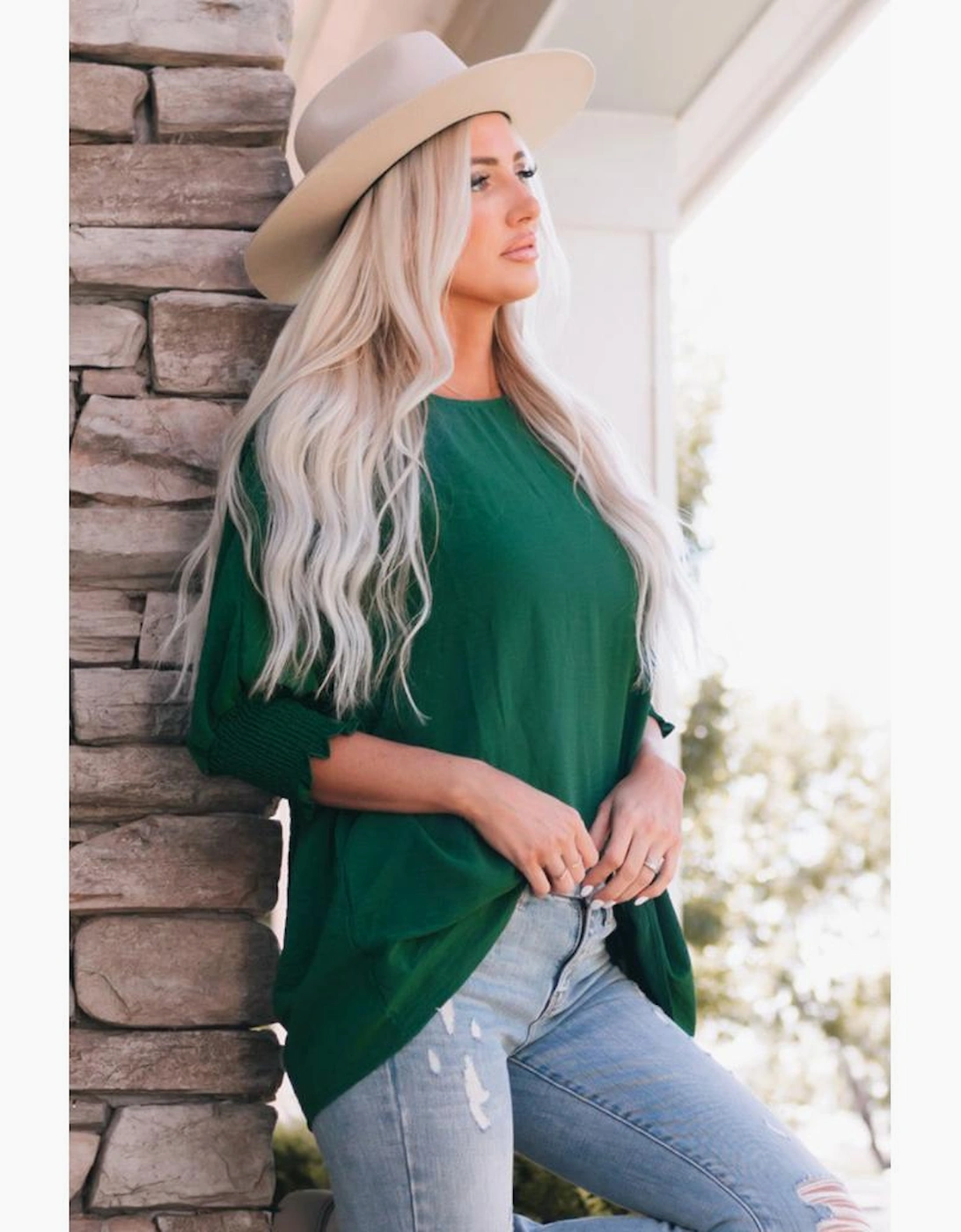 Green Smocked Wrist Shift Top