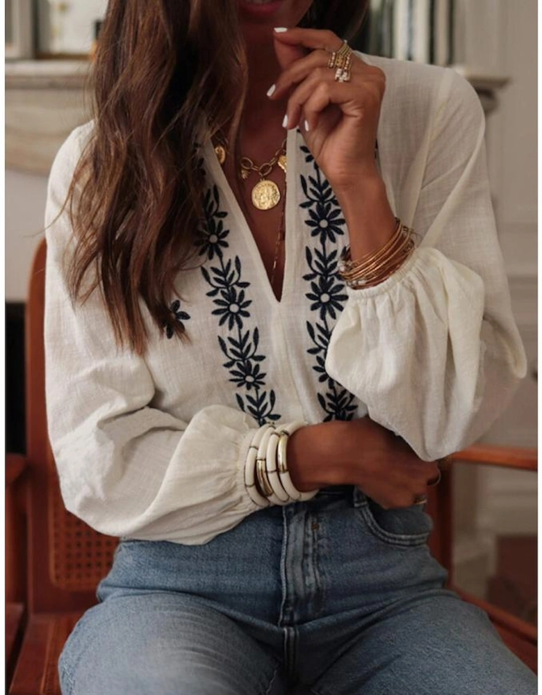 White Floral Embroidered Frilled V Neck Puff Sleeve Blouse