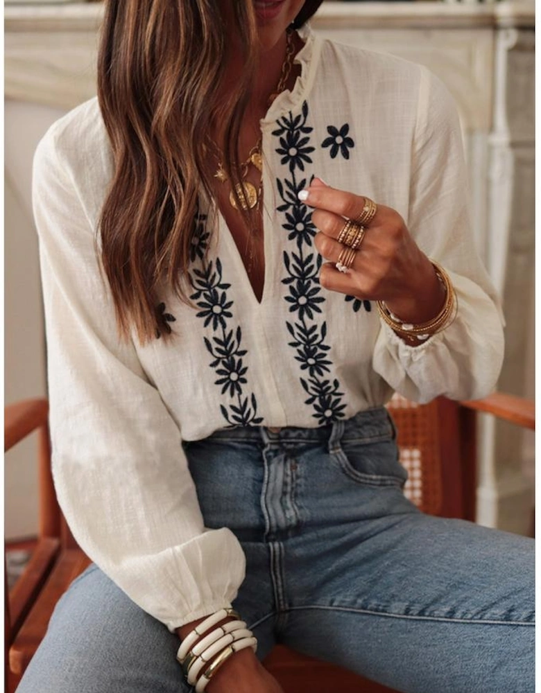 White Floral Embroidered Frilled V Neck Puff Sleeve Blouse
