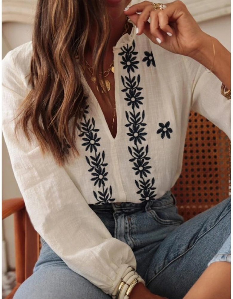 White Floral Embroidered Frilled V Neck Puff Sleeve Blouse
