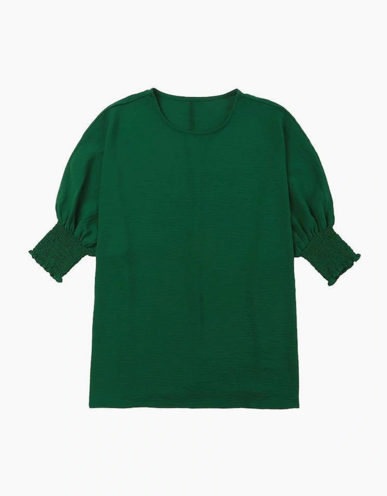 Green Smocked Wrist Shift Top