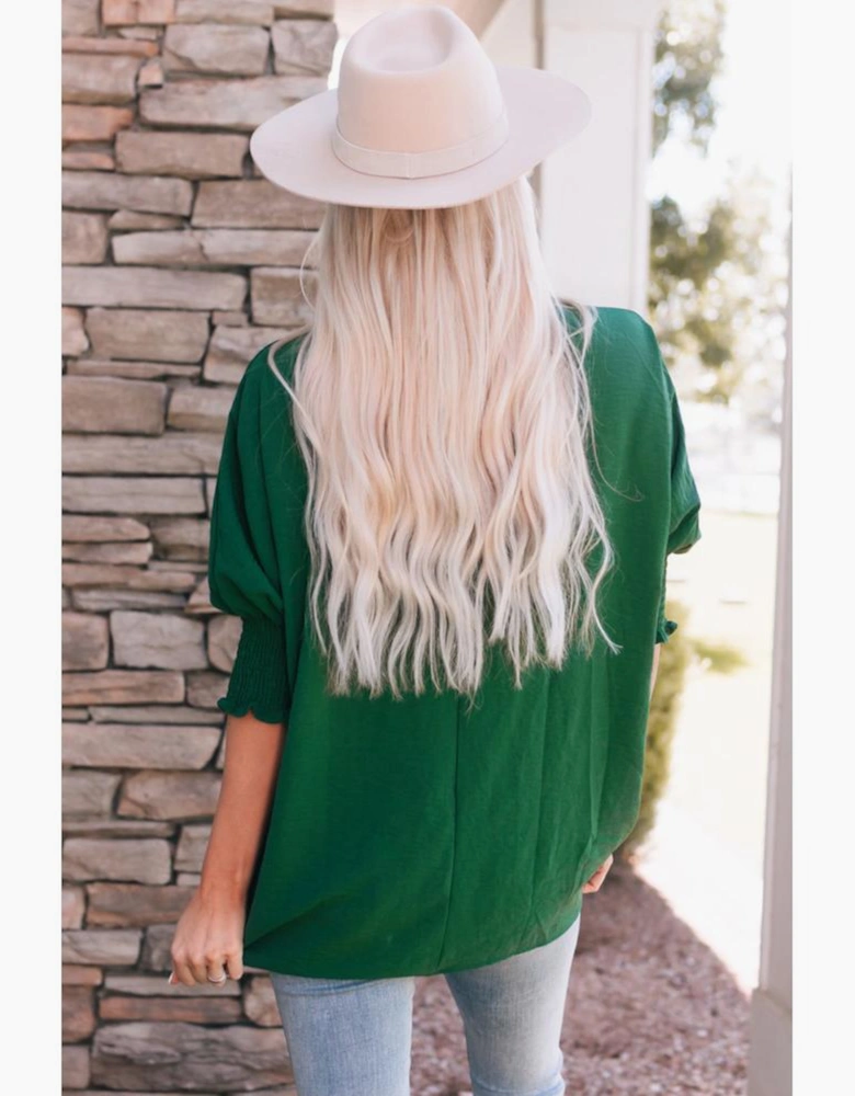Green Smocked Wrist Shift Top