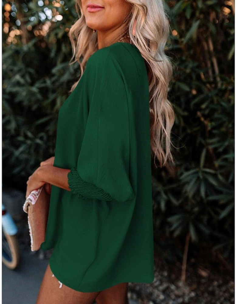 Green Smocked Wrist Shift Top