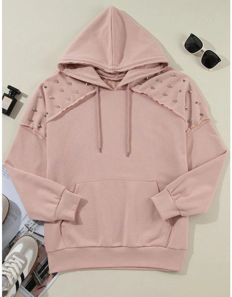 Fushia Solid Color Rivet Stud Raglan Sleeve Hoodie with Pocket