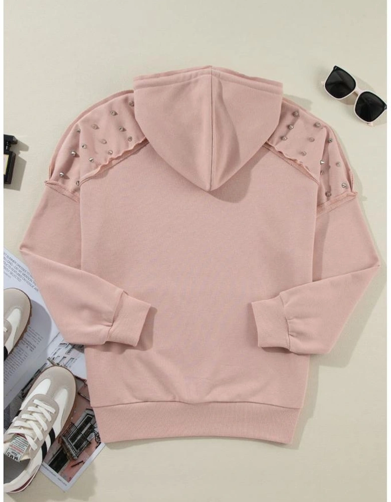 Fushia Solid Color Rivet Stud Raglan Sleeve Hoodie with Pocket