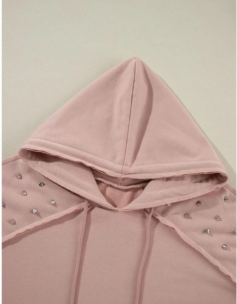 Fushia Solid Color Rivet Stud Raglan Sleeve Hoodie with Pocket