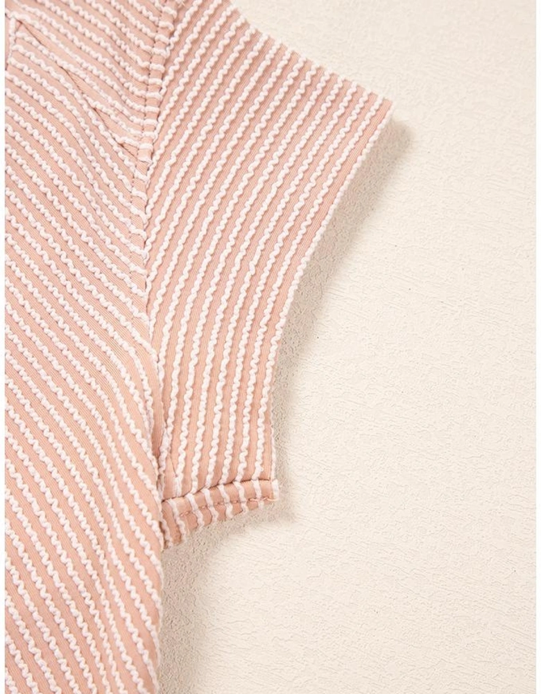 Smoke Gray Solid Corded Knit Short Sleeve T Shirt and Wide Leg Pants Set