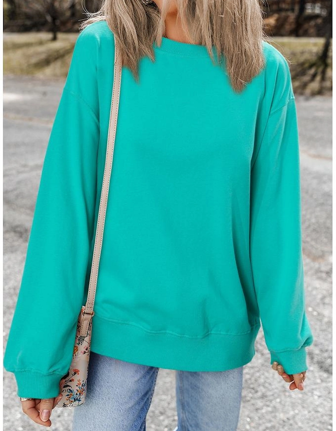 Aruba Blue Plain Drop Shoulder Crewneck Pullover Sweatshirt
