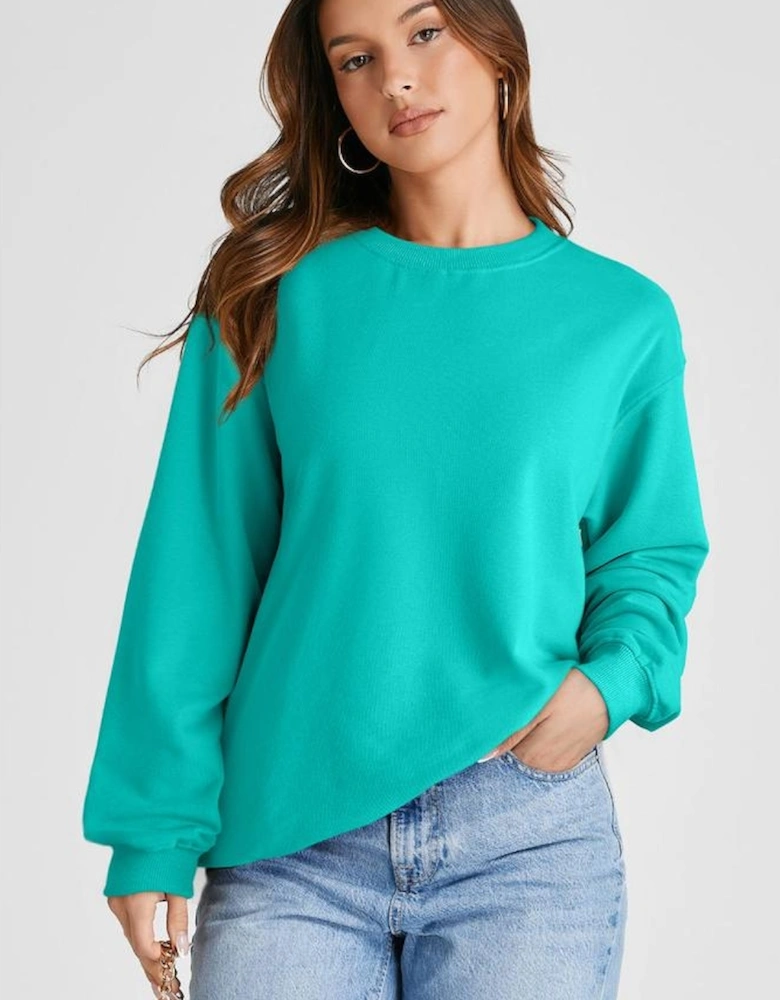 Aruba Blue Plain Drop Shoulder Crewneck Pullover Sweatshirt