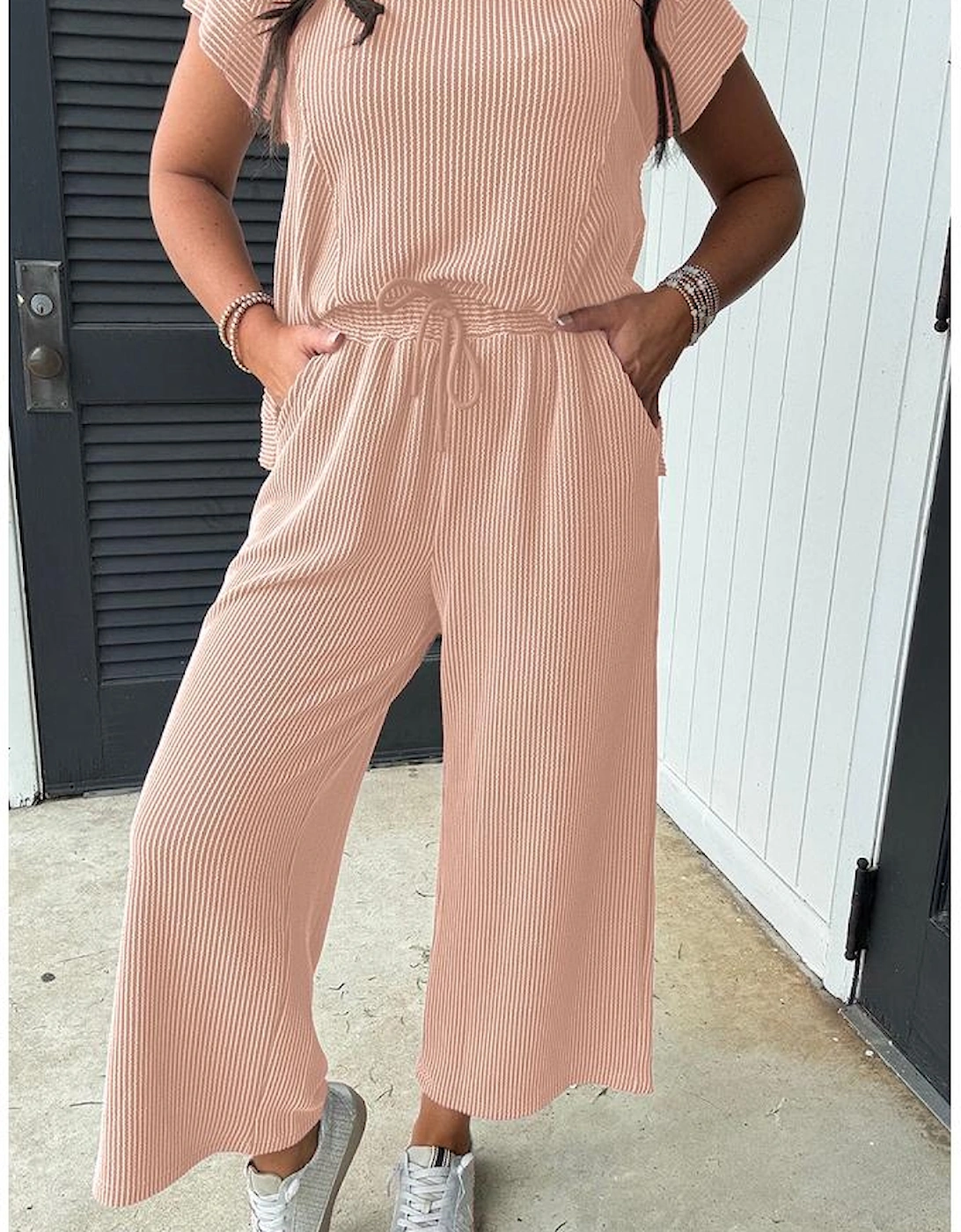 Smoke Gray Solid Corded Knit Short Sleeve T Shirt and Wide Leg Pants Set, 13 of 12