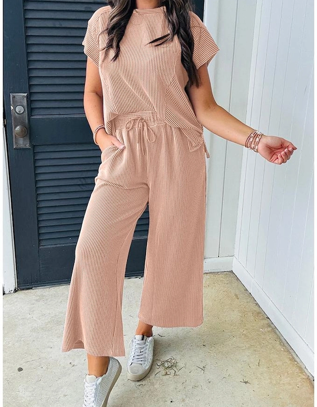 Smoke Gray Solid Corded Knit Short Sleeve T Shirt and Wide Leg Pants Set