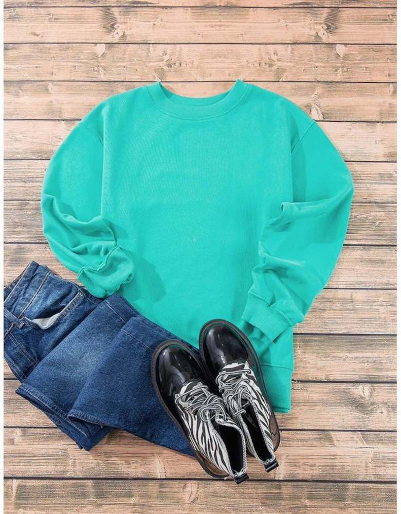 Aruba Blue Plain Drop Shoulder Crewneck Pullover Sweatshirt