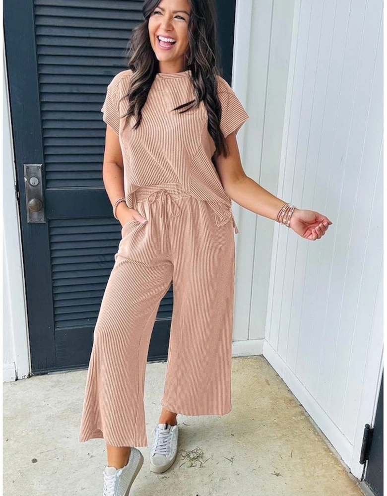 Smoke Gray Solid Corded Knit Short Sleeve T Shirt and Wide Leg Pants Set