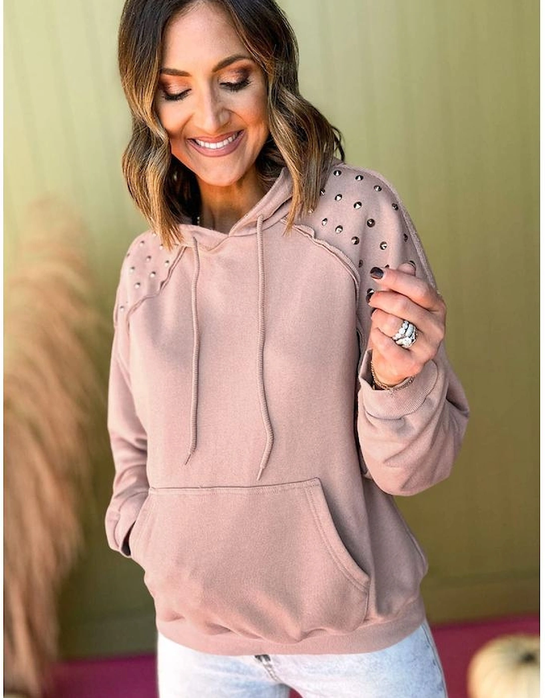 Fushia Solid Color Rivet Stud Raglan Sleeve Hoodie with Pocket, 13 of 12