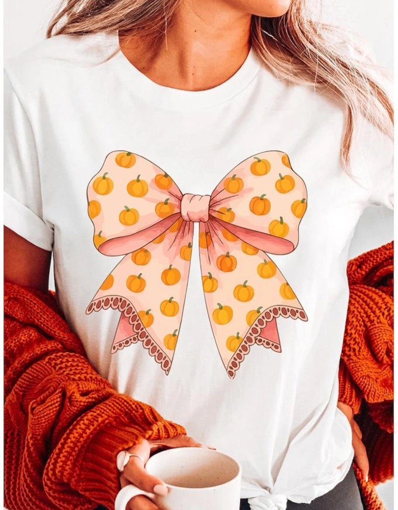 White Pumpkin Bow Print Thanksgiving T Shirt