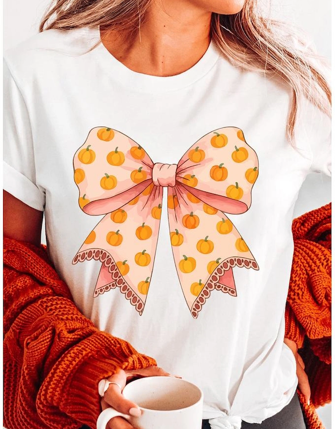 White Pumpkin Bow Print Thanksgiving T Shirt
