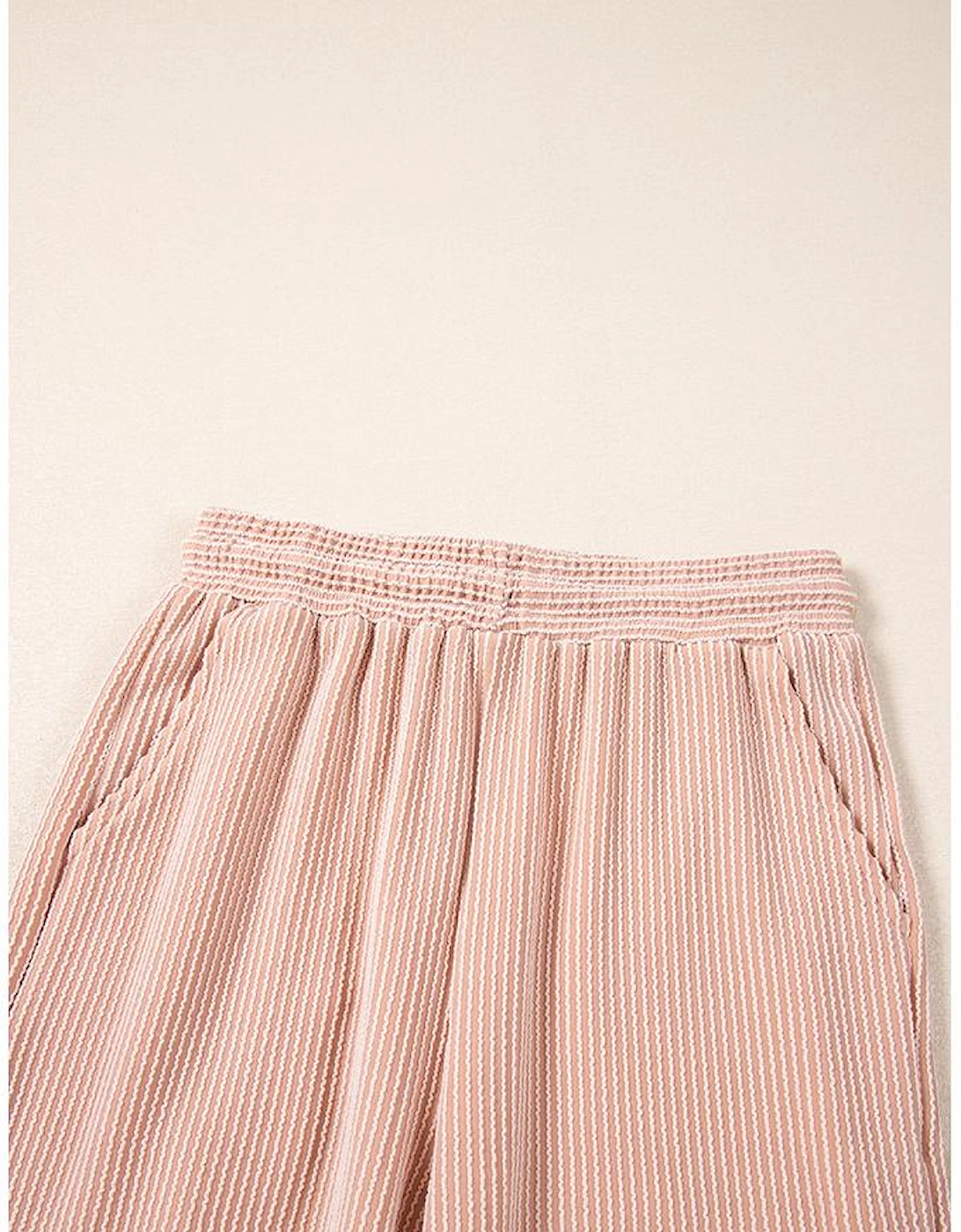 Smoke Gray Solid Corded Knit Short Sleeve T Shirt and Wide Leg Pants Set