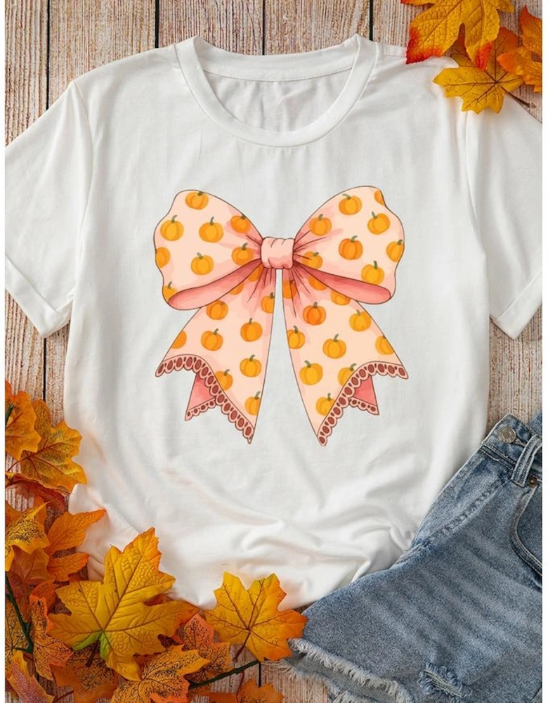 White Pumpkin Bow Print Thanksgiving T Shirt