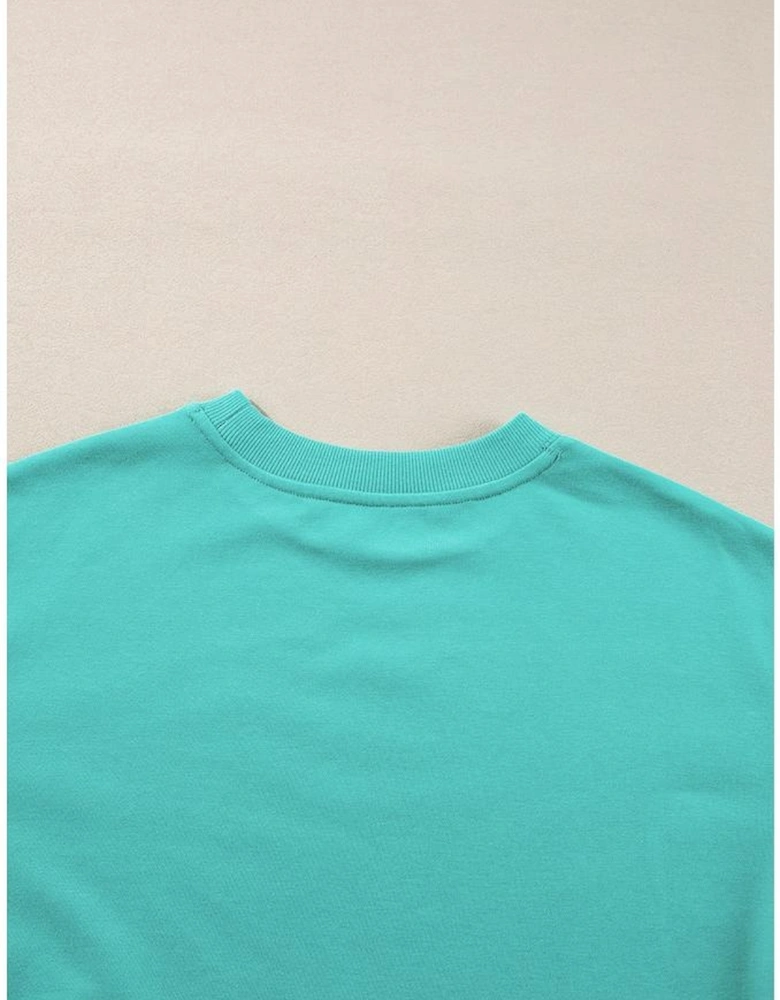 Aruba Blue Plain Drop Shoulder Crewneck Pullover Sweatshirt