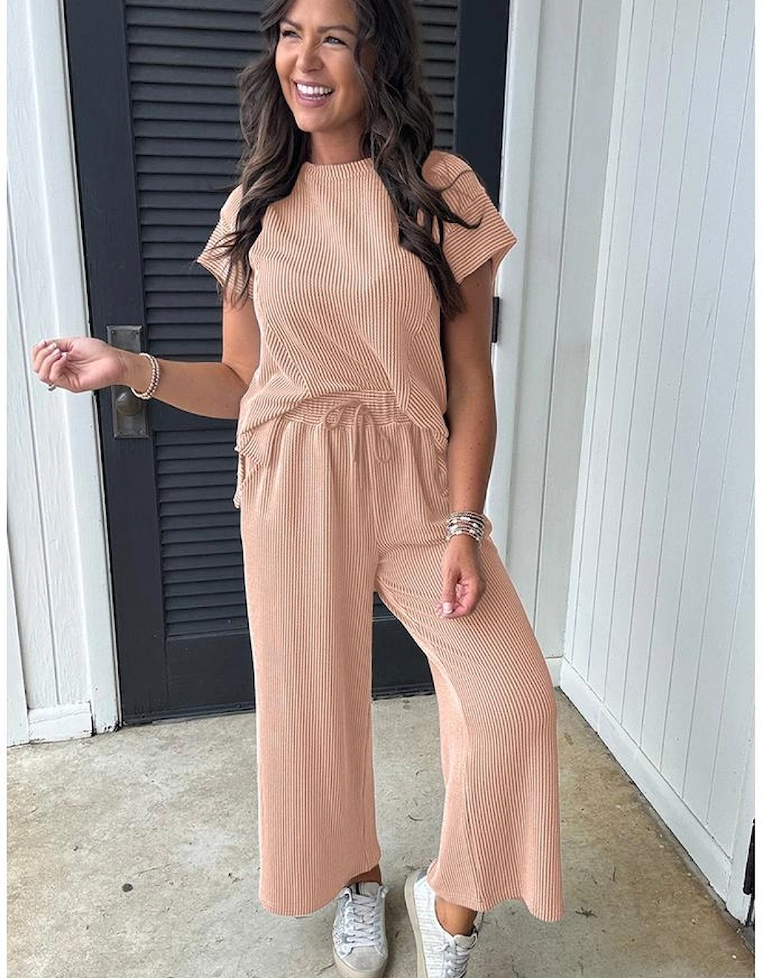 Smoke Gray Solid Corded Knit Short Sleeve T Shirt and Wide Leg Pants Set