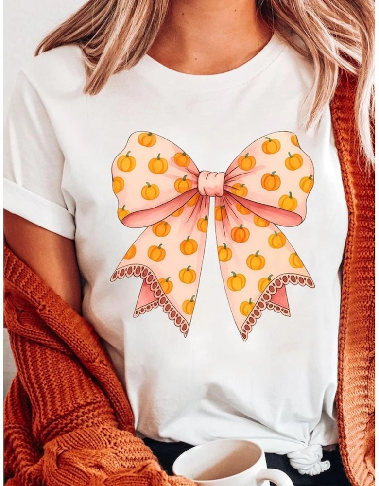 White Pumpkin Bow Print Thanksgiving T Shirt
