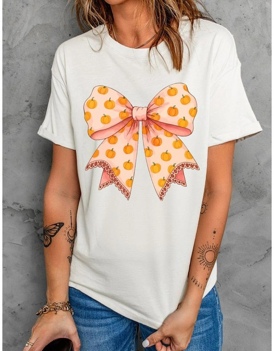 White Pumpkin Bow Print Thanksgiving T Shirt