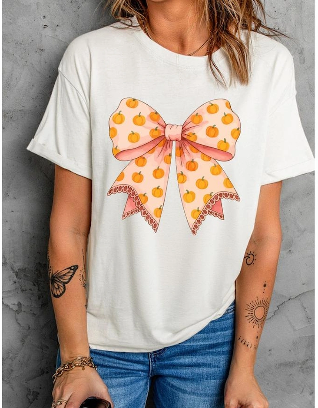 White Pumpkin Bow Print Thanksgiving T Shirt