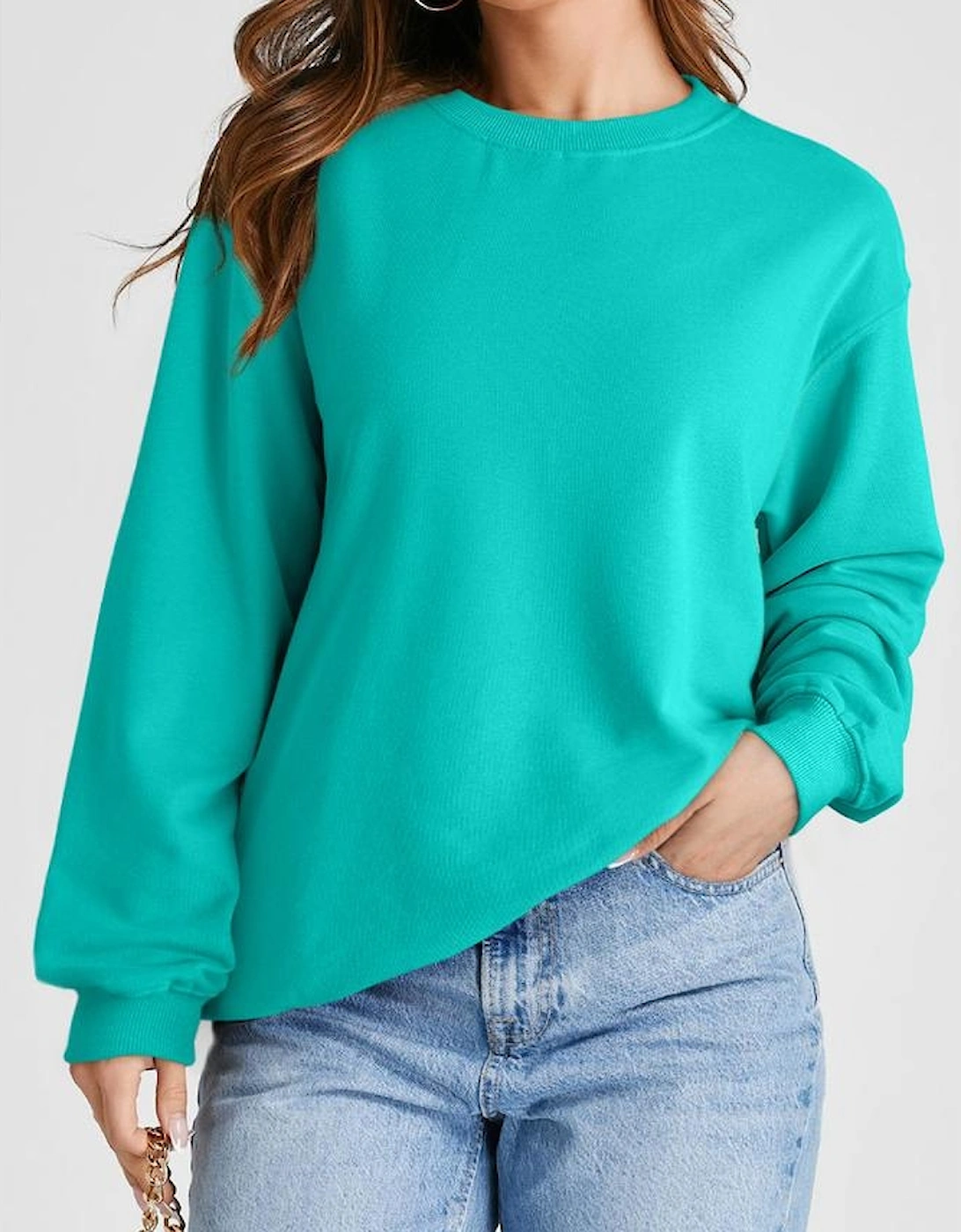 Aruba Blue Plain Drop Shoulder Crewneck Pullover Sweatshirt