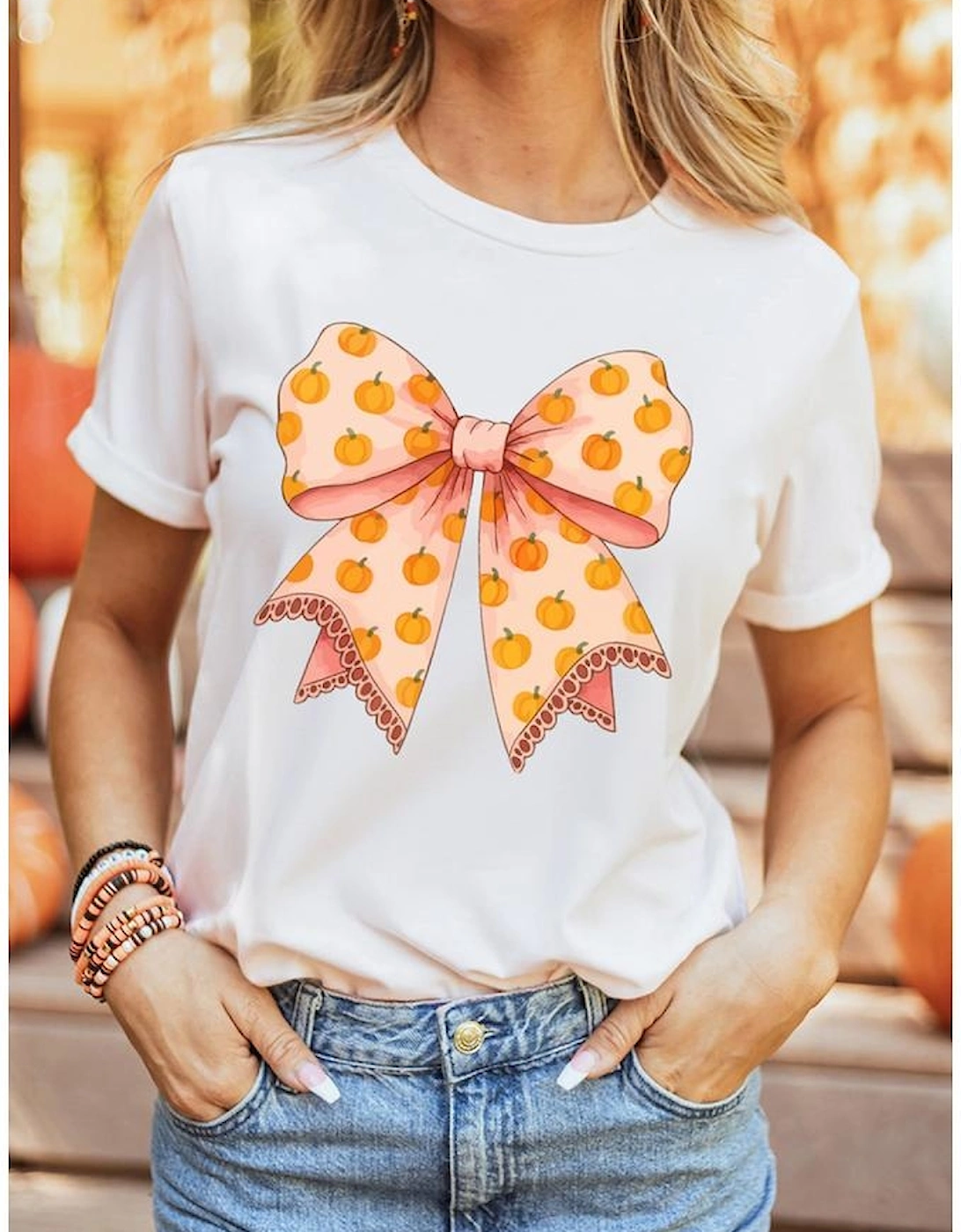 White Pumpkin Bow Print Thanksgiving T Shirt