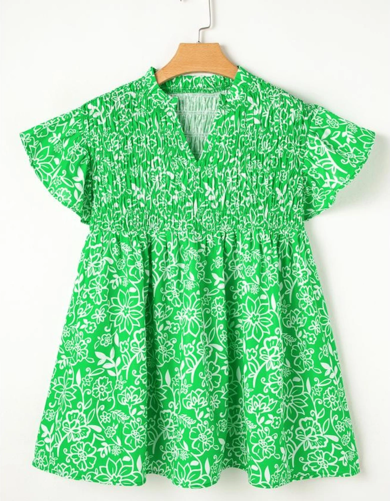 Green Floral Flutter Sleeve Shirred Notched Neck Plus Size Blouse