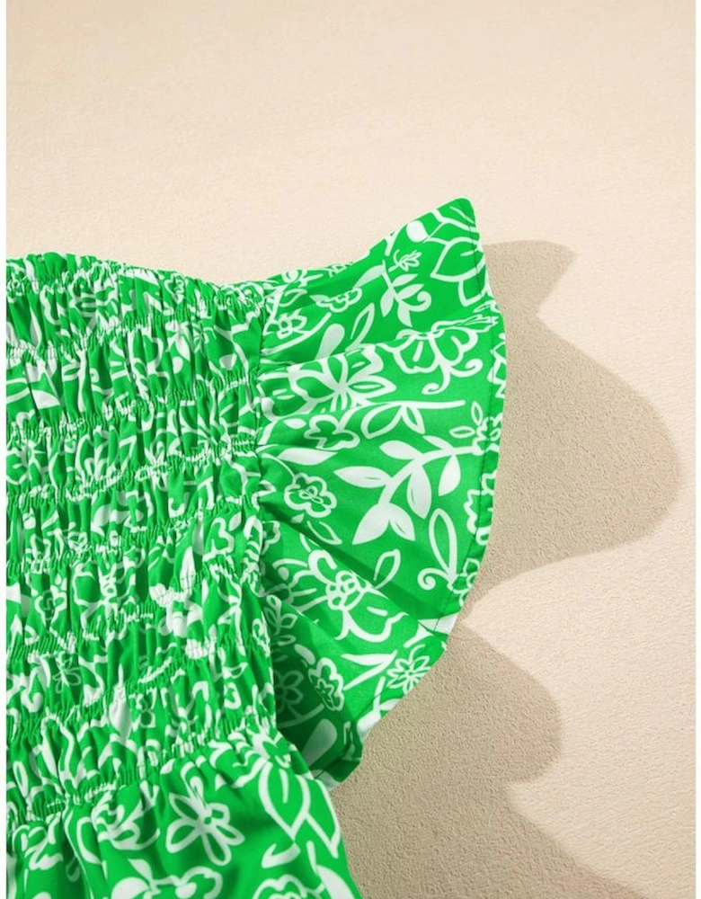 Green Floral Flutter Sleeve Shirred Notched Neck Plus Size Blouse