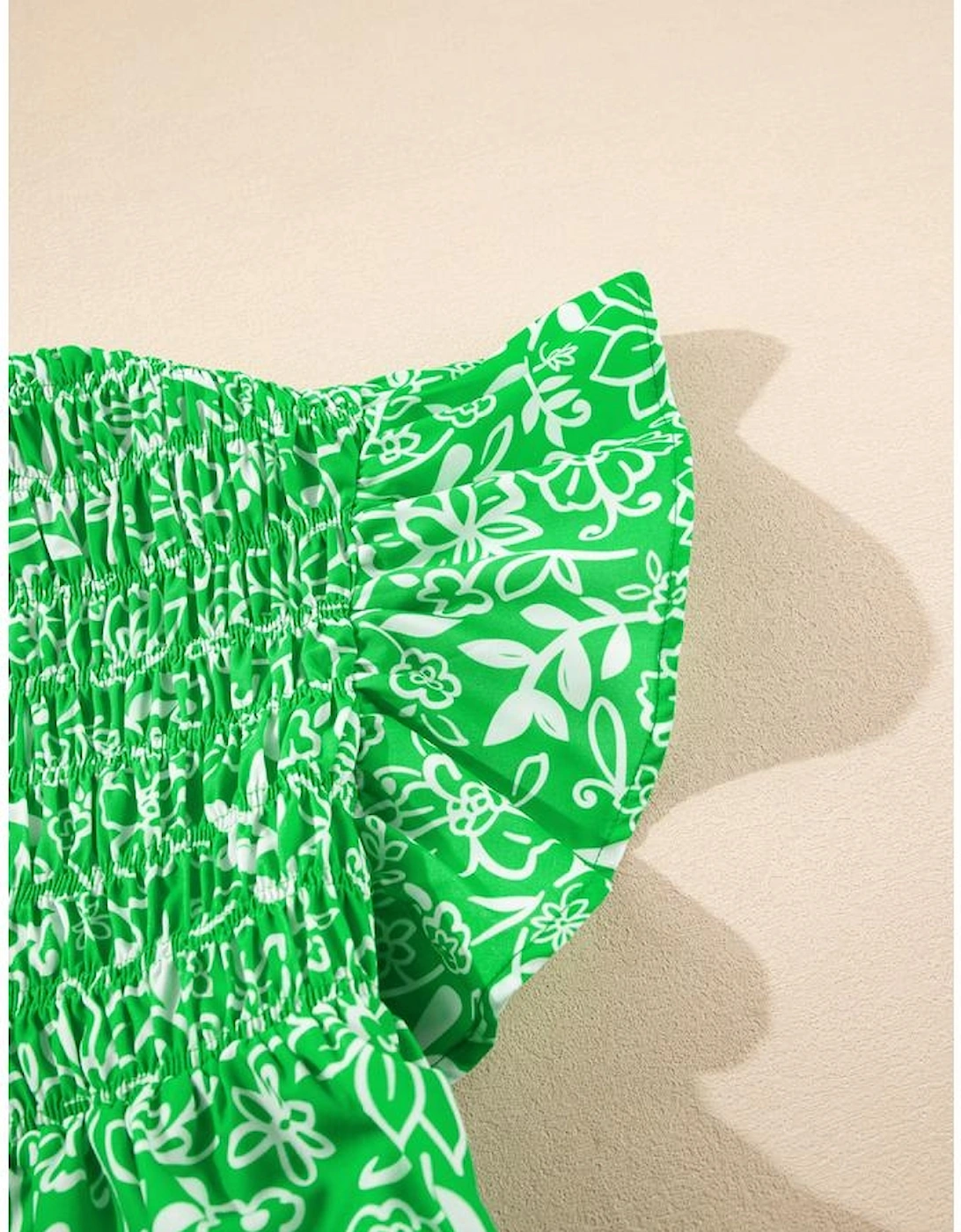 Green Floral Flutter Sleeve Shirred Notched Neck Plus Size Blouse