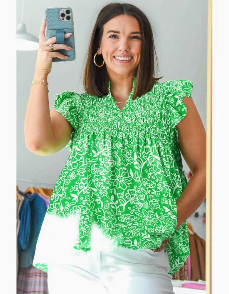 Green Floral Flutter Sleeve Shirred Notched Neck Plus Size Blouse