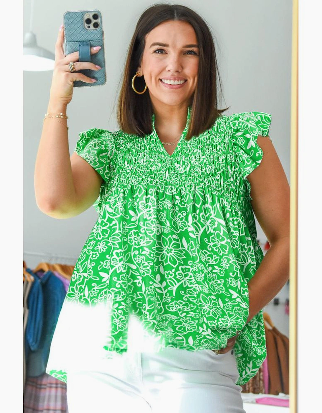 Green Floral Flutter Sleeve Shirred Notched Neck Plus Size Blouse