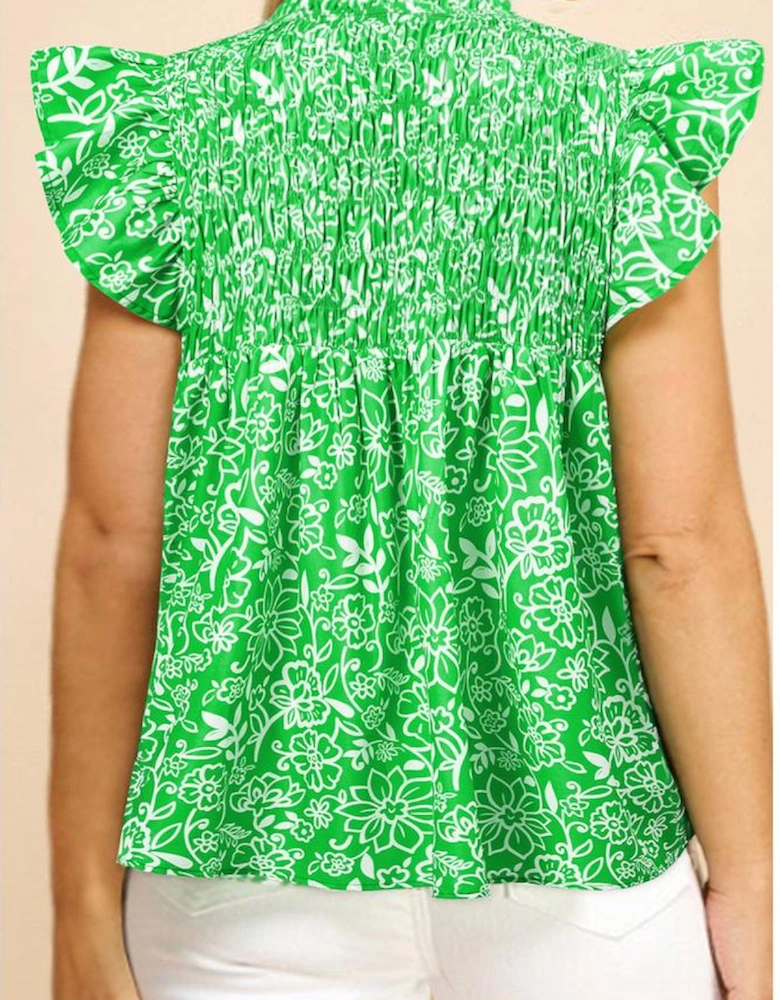 Green Floral Flutter Sleeve Shirred Notched Neck Plus Size Blouse