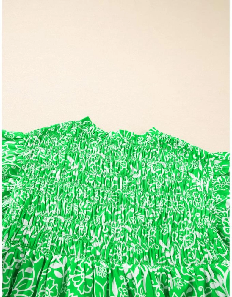 Green Floral Flutter Sleeve Shirred Notched Neck Plus Size Blouse